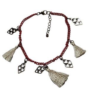 Retro Red Chain Charm Bracelet Gold Tone Metal Charms White Tassels Statement